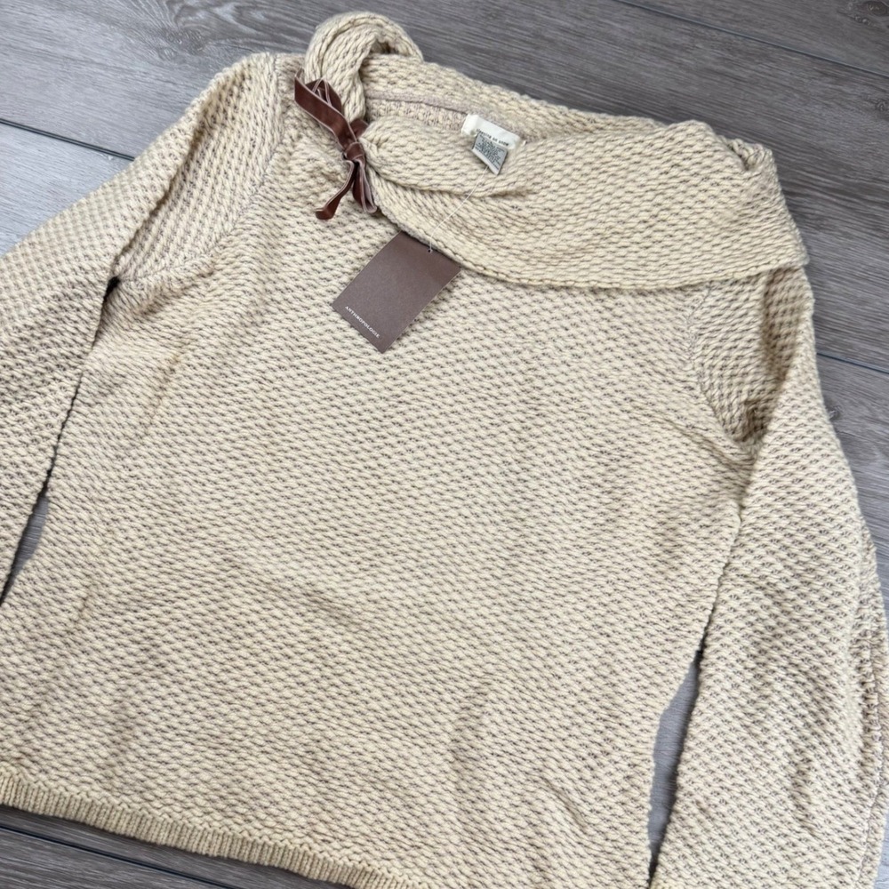 Anthropologie Womens Sleeping on Snow Cowl Neck Velvet Bow Sweater Neutral L